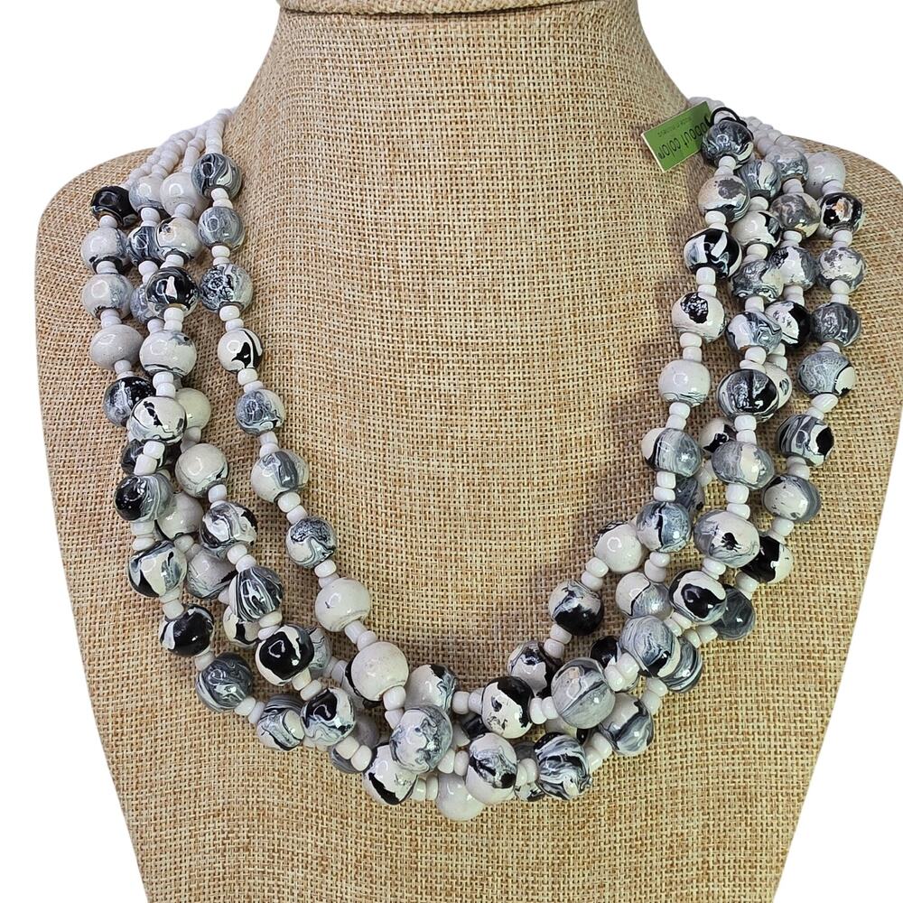 Vintage Necklace White Gray Black Beaded Multi Strand 19 Inch NWT